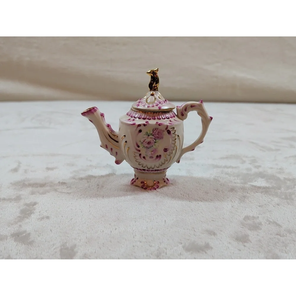 Vintage Style Miniature Porcelain Teapot Pink Floral Gold‎ Gilt Decorative Mini